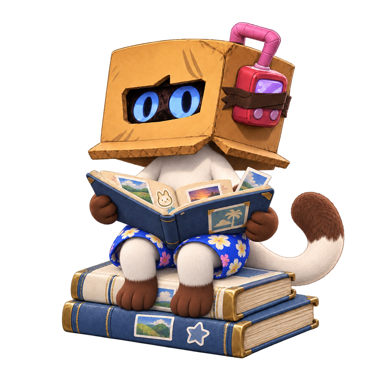 Remna reading a photo album with legs resting over a stack of books